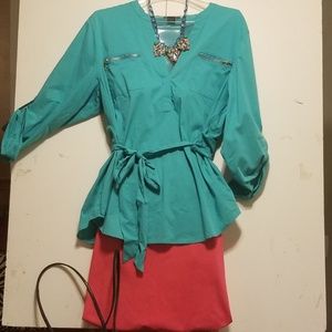 PLUS SIZE AQUA TUNIC TOP WITH WAIST TIE